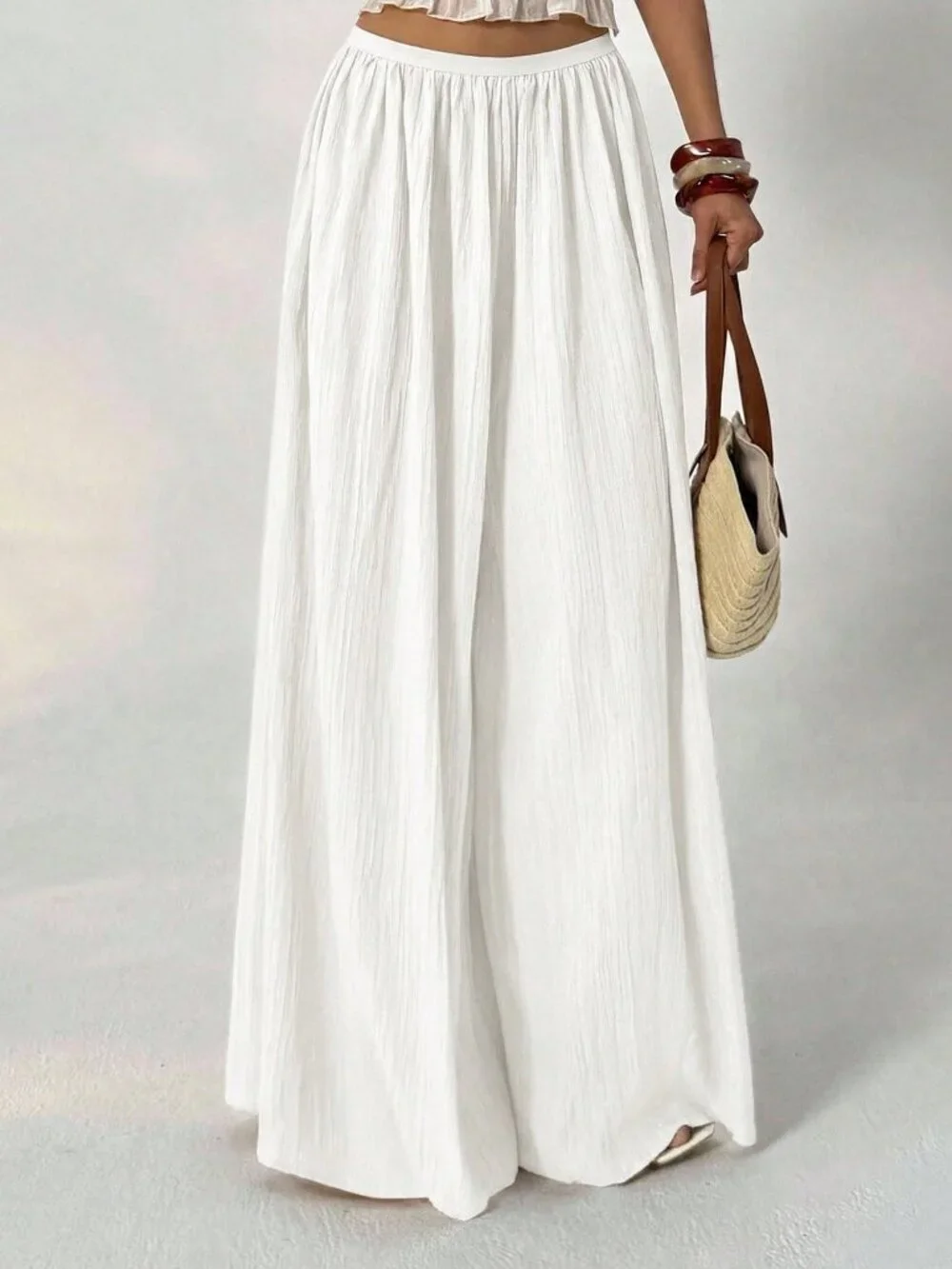 White Casual Women's Loose Textured Palazzo Pants